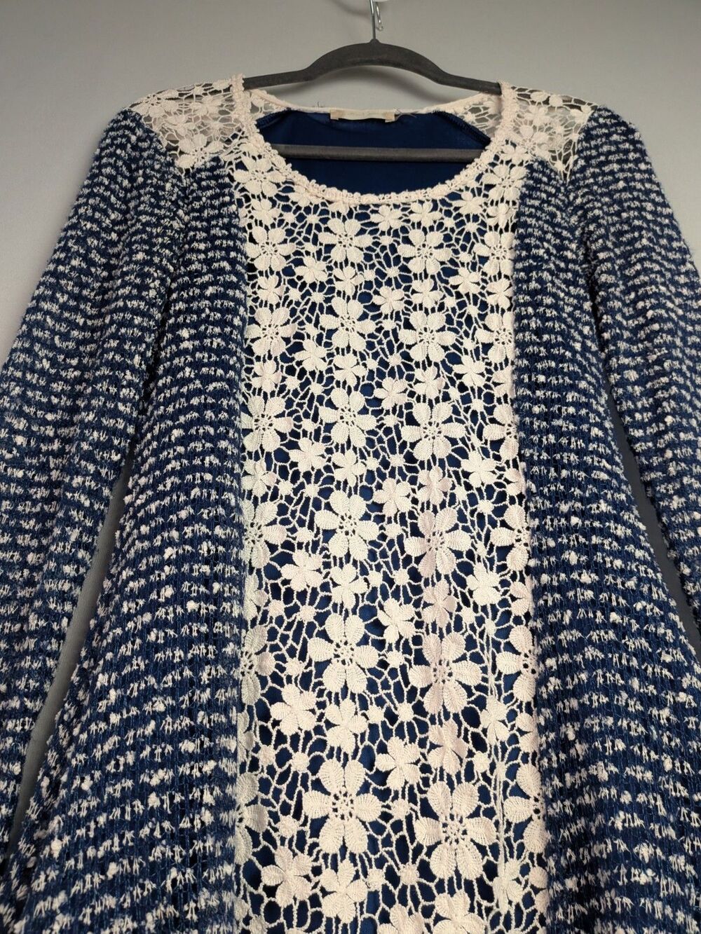 Altar'd State Babydoll Dress Women's S Blue Floral Knit Tiered Lace Long Sleeve - Picture 10 of 16